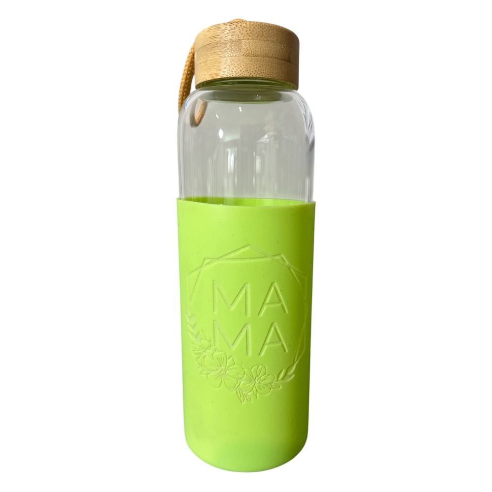 Mama Glass Water Bottle Lime Green Silicone Sleeve Bamboo Lid Reusable 18oz‎